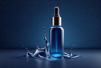 The primary subject of the image is a bottle of blue liquid, which appears to be a serum or a similar product. The bottle is placed on a blue surface, which serves as the setting or background. The visual style of the image is a close-up of the bottle, showcasing its details and the blue liquid inside. The colors and mood of the image are predominantly blue, creating a calm and soothing atmosphere.