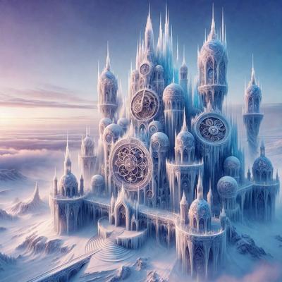 Primary subject: A large, intricate, and frozen castle with many clocks and towers.

Setting/background: The castle is set against a backdrop of a snowy sky, creating a cold and icy atmosphere.

Visual style: The image is a digital art or illustration, showcasing the artist's creativity and attention to detail.

Colors and mood: The dominant colors are blue, white, and gray, which evoke a sense of coldness and mystery. The overall
