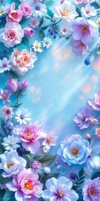 The primary subject of the image is a beautiful bouquet of pink and white flowers. The flowers are arranged in a vase, creating a visually appealing scene. The setting is a blue background, which adds a sense of depth and contrast to the image. The visual style is a combination of photo and digital art, resulting in a realistic yet artistic representation of the flowers. The colors and mood of the image are predominantly pink and white, evoking a sense of warmth, love, and elegance.