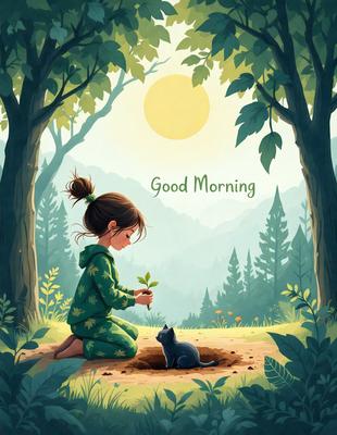 The primary subject of the image is a young girl sitting on the ground, holding a small plant. The setting is a forest, with trees and a sun visible in the background. The visual style is an illustration, depicting a whimsical and imaginative scene. The colors are predominantly green, with the sun adding a warm touch to the atmosphere. The overall mood of the image is one of innocence and connection with nature.