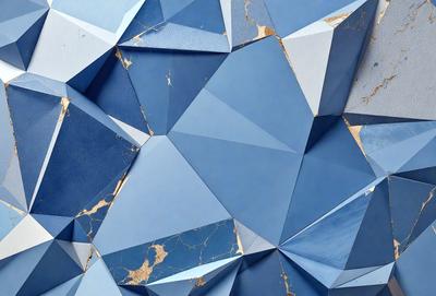 The primary subject of the image is a blue wall with a geometric pattern. The setting is a room with a blue wall, and the visual style is a combination of digital art and illustration. The dominant colors are blue and gold, creating a calm and soothing atmosphere.