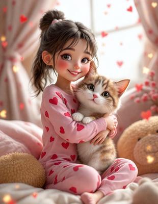 The image features a young girl wearing a pink outfit, sitting on a bed and holding a brown and white cat. The girl is smiling, and the cat appears to be enjoying the attention. The scene is set in a cozy and comfortable environment, with a bed and a teddy bear visible in the background. The overall atmosphere is warm and inviting, with the girl and the cat sharing a tender moment.