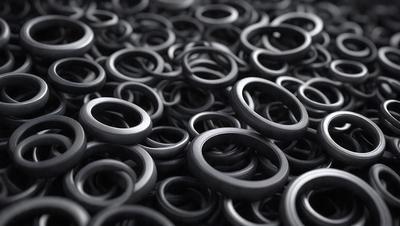 The primary subject of the image is a large number of black rubber tire rings or black rubber rings. These rings are arranged in a pattern, covering the entire image. The setting is a black background, which provides a stark contrast to the rubber rings. The visual style is a close-up of the rubber rings, showcasing their details. The colors and mood of the image are predominantly black, giving it a dark and moody atmosphere.