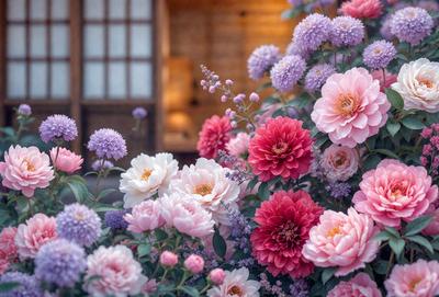 The primary subject of the image is a beautiful bouquet of flowers, predominantly pink and purple, with some red flowers mixed in. The flowers are arranged in a vase, which is placed in a garden setting. The visual style of the image is a photo, capturing the vibrant colors and details of the flowers. The colors and mood of the image are predominantly warm and inviting, with the pink and purple flowers creating a sense of freshness and natural beauty.