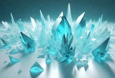The primary subject of the image is a collection of blue crystals, which are the main objects in the scene. The setting is a white background, which provides a clean and minimalist appearance. The visual style is a digital art, as the crystals are depicted in a stylized and artistic manner. The dominant colors in the image are blue, which creates a calming and serene atmosphere.