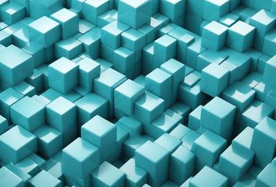 The primary subject of the image is a blue, three-dimensional grid of cubes. The setting is a blue background, which creates a visually striking contrast with the blue cubes. The visual style is a digital art or illustration, as the cubes are arranged in a complex pattern. The colors and mood of the image are predominantly blue, giving it a calm and serene atmosphere.