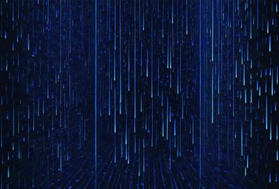 The primary subject of the image is a blue and white rainstorm. The setting is a dark, blue sky with rain falling down. The visual style is a digital art or illustration, creating a moody and atmospheric scene. The dominant colors are blue and white, with the blue sky and white rain creating a striking contrast.
