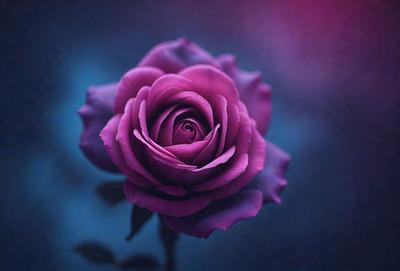 The primary subject of the image is a purple rose. The rose is the main focus of the image, and it is displayed against a blue background. The visual style of the image is a close-up of the rose, showcasing its details and texture. The dominant colors in the image are purple and blue, creating a calm and serene atmosphere.