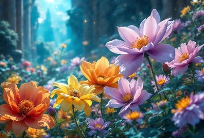 The primary subject of the image is a field of flowers, with a variety of different colored flowers blooming in the garden. The setting is a lush, colorful garden with a blue sky in the background. The visual style is a combination of photo and digital art, creating a vibrant and realistic representation of the flowers. The colors and mood of the image are predominantly warm and cheerful, with the flowers adding a sense of life and beauty to the scene.