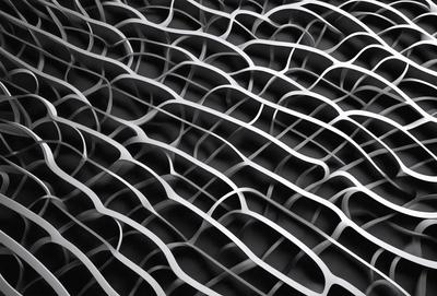 The primary subject of the image is a close-up of a patterned surface, which appears to be a black and white photograph. The setting is a dark background, and the visual style is a detailed, textured pattern. The dominant colors are black and white, creating a moody and dramatic atmosphere.