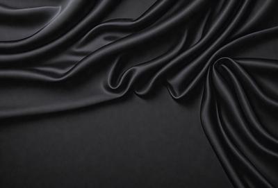 The primary subject of the image is a black fabric, possibly a piece of silk, with a smooth and shiny texture. The setting is a dark background, which emphasizes the fabric's richness and texture. The visual style is a close-up of the fabric, showcasing its details and intricacies. The colors and mood of the image are predominantly dark, with the black fabric being the main focus and evoking a sense of luxury and sophistication.