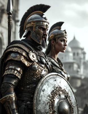 Primary subject: A man and a woman wearing Roman-style armor, standing together.

Setting/background: The man and woman are standing in front of a castle, which serves as the backdrop for the scene.

Visual style: The image is a digital artwork, featuring a detailed and intricate design of the Roman armor.

Colors and mood: The image is predominantly in shades of gold, silver, and brown, giving it a warm and historical atmosphere.