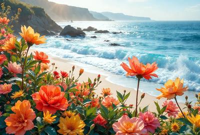 The primary subject of the image is a beautiful flower garden situated on a sandy beach near the ocean. The setting is a picturesque beach scene with the ocean in the background. The visual style of the image is a combination of a photo and digital art, creating a vibrant and lively atmosphere. The dominant colors in the image are orange, yellow, and pink, which contribute to the overall warm and inviting mood of the scene.