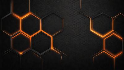 The primary subject of the image is a close-up of a hexagonal pattern on a black background. The setting is a dark room, and the visual style appears to be a digital art or illustration. The dominant colors are black and orange, creating a bold and striking appearance.