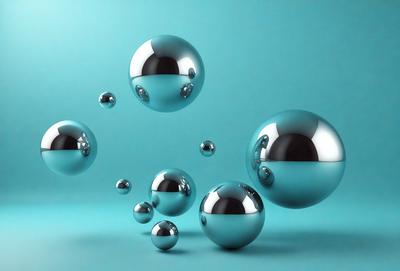 The primary subject of the image is a group of three large, shiny, and reflective spheres floating in a blue, cloudy, and somewhat dark environment. The setting appears to be a futuristic or space-themed scene. The visual style of the image is a combination of photo and digital art, creating a unique and captivating atmosphere. The colors and mood of the image are predominantly dark and moody, with the blue hue of the background providing a contrasting element to the reflective spheres