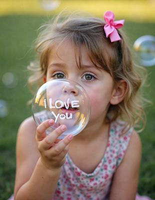 The primary subject of the image is a young girl blowing bubbles through a bubble wand. She is wearing a dress and has a pink bow in her hair. The setting is outdoors, with a grassy area visible in the background. The visual style is a photo, capturing the girl's playful moment. The colors in the image are predominantly shades of green and blue, creating a lively and cheerful atmosphere.