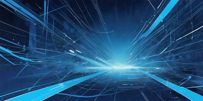 The primary subject of the image is a blue tunnel with a bright light at the end. The setting is a futuristic environment, possibly a space station or a high-speed transportation system. The visual style is a digital art or illustration, with a focus on the tunnel and the light. The colors and mood are predominantly blue, creating a sense of depth and tranquility.