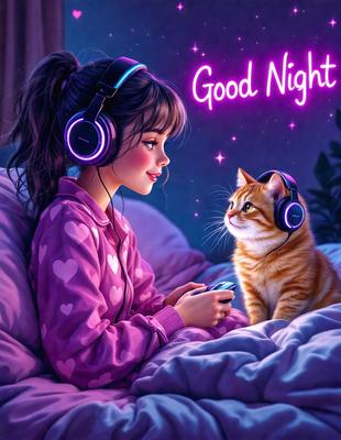 The primary subject of the image is a young girl wearing headphones and sitting on a bed. She is looking at a cat that is also sitting on the bed. The setting is a bedroom, and the visual style is digital art. The dominant colors in the image are pink and purple, creating a warm and cozy atmosphere.