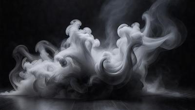 The primary subject of the image is a large, swirling cloud of smoke. The setting is a dark room, and the visual style appears to be a black and white photo. The dominant colors are shades of gray, and the overall atmosphere is dramatic and mysterious.