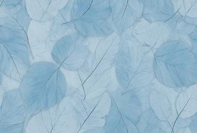 The primary subject of the image is a blue background with a pattern of leaves. The leaves are arranged in a way that creates a visually appealing and artistic design. The setting is a blue background, which serves as the primary visual element in the image. The visual style is a combination of digital art and illustration, as the leaves are carefully arranged and the overall design is well-crafted. The colors and mood of the image are predominantly blue, creating a calm and serene atmosphere.
