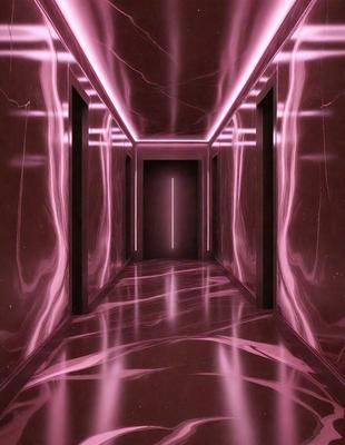 The primary subject of the image is a hallway with a pink color scheme. The setting is a room with a doorway, and the visual style appears to be a photo. The colors and mood of the image are predominantly pink, creating a warm and inviting atmosphere.
