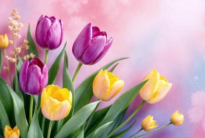 The primary subject of the image is a bouquet of colorful tulips, which are the main objects in the scene. The setting is a pink background, which adds a vibrant and lively atmosphere to the image. The visual style is a close-up of the flowers, showcasing their details and beauty. The colors and mood of the image are predominantly warm and cheerful, with the vibrant colors of the tulips and the soft pink background creating a lively and uplifting