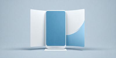 The primary subject of the image is a blue cell phone. The setting is a white background, and the visual style is a digital art or illustration. The dominant colors are blue and white, creating a clean and modern atmosphere.