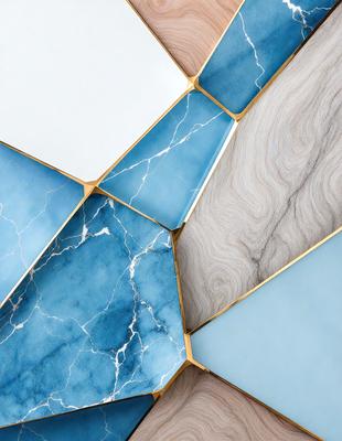 The primary subject of the image is a close-up of a blue marble tile. The setting is a wall with a variety of tiles, including a gold and blue marble tile. The visual style is a close-up of the tiles, showcasing their intricate patterns and textures. The dominant colors are blue and gold, creating a luxurious and elegant atmosphere.