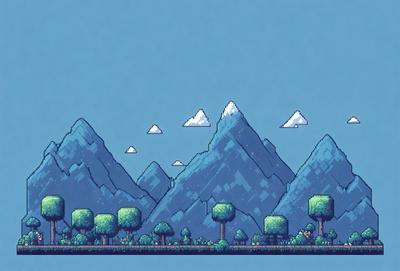The primary subject of the image is a mountain range with clouds surrounding it. The setting is a blue sky, and the visual style is a digital art or illustration. The colors and mood of the image are predominantly blue and serene, creating a peaceful and calming atmosphere.