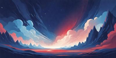 The primary subject of the image is a beautiful sunset over a body of water, with a mountain range in the background. The setting is a serene and picturesque landscape, with the sun setting in the distance. The visual style is a combination of digital art and illustration, creating a vibrant and captivating scene. The colors and mood of the image are predominantly warm and inviting, with the sunset casting a warm glow over the landscape.
