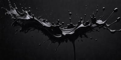 The primary subject of the image is a close-up of a black ink splash, which appears to be a digital art or illustration. The setting is a dark background, which contrasts with the black ink splash. The visual style is modern and artistic, with the ink splash being the main focus of the image. The colors and mood are predominantly black, creating a dramatic and bold atmosphere.