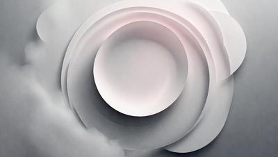The primary subject of the image is a white bowl, which is the main object in the scene. The bowl is placed on a surface that appears to be a combination of paper and fabric. The setting is a room with a cloudy atmosphere, giving the scene a somewhat moody and artistic visual style. The colors in the image are predominantly white, with some grays and pinks, creating a clean and elegant appearance.