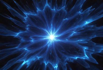 The primary subject of the image is a blue, swirling, and glowing pattern. The setting is a dark background, which contrasts with the bright blue light. The visual style appears to be a digital art or illustration, as the colors and patterns are vibrant and intricate. The overall atmosphere is one of energy and movement, as the blue light swirls and dances across the dark background.