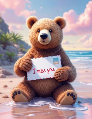 The primary subject of the image is a large brown teddy bear. The bear is sitting on a beach, holding a card that reads "I miss you." The setting is a beach environment, with sand and water visible in the background. The visual style of the image is a digital art or illustration, giving it a warm and inviting atmosphere.