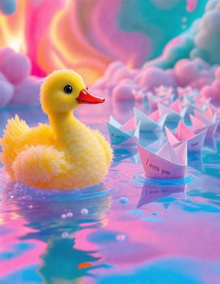 The primary subject of the image is a yellow duck floating in a body of water. The setting is a pink and blue water surface, which adds a vibrant and whimsical atmosphere to the scene. The visual style is a combination of photo and digital art, creating a unique and eye-catching image. The colors and mood convey a sense of playfulness and joy, as the duck interacts with the paper boats scattered around it.