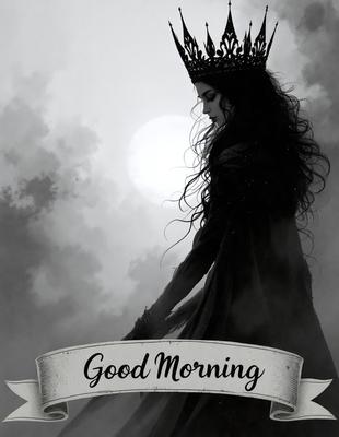 The primary subject of the image is a woman with long hair, wearing a crown and a black dress. She is standing in front of a moon, which is the setting/background of the scene. The visual style of the image is a digital art, and the dominant colors are black and white, giving the overall atmosphere a moody and dramatic feel.