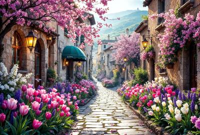 The primary subject of the image is a narrow alleyway lined with pink flowers, creating a beautiful and serene atmosphere. The setting is a quaint village with stone buildings and a green awning, adding to the charm of the scene. The visual style is a photo, capturing the vibrant colors and details of the flowers and the alleyway. The colors and mood of the image are predominantly pink, which gives the scene a warm and inviting feel.