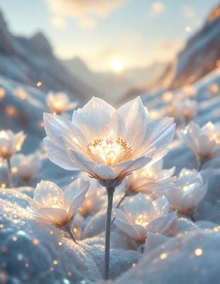 The primary subject of the image is a single white flower, which is the main focus of the scene. The flower is located in a snowy environment, surrounded by a field of white flowers. The visual style of the image is a digital art, with the flower and its surroundings appearing to be lit up by a bright light. The dominant colors in the image are white and snowy, creating a serene and peaceful atmosphere.