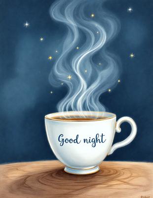 The primary subject of the image is a cup of coffee, which is placed on a wooden table. The setting is a nighttime scene, with a starry background. The visual style is a combination of digital art and illustration, creating a whimsical and cozy atmosphere. The dominant colors are shades of brown and black, with the starry background adding a touch of brightness and warmth to the scene.