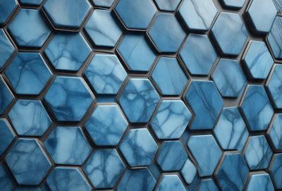 The primary subject of the image is a blue and white tile pattern. The setting is a wall with a blue and white tile pattern. The visual style is a close-up of the tile pattern. The colors and mood are predominantly blue and white, creating a clean and modern atmosphere.