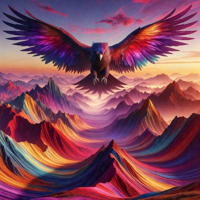 The primary subject of the image is a large bird, possibly a bird of prey, flying over a mountain range. The bird is positioned in the center of the scene, with its wings spread wide. The setting is a beautiful mountain landscape, with the bird soaring above the peaks and valleys. The visual style of the image is a combination of photo and digital art, creating a vibrant and dynamic scene. The colors and mood of the image are predominantly warm and vivid, with the bird's fe
