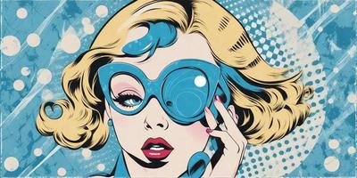 The primary subject of the image is a woman wearing blue sunglasses and a blue dress. She is looking at the camera with a playful expression. The setting is a colorful background, which adds to the overall vibrant atmosphere of the image. The visual style is a combination of digital art and illustration, creating a unique and eye-catching design. The colors and mood of the image are predominantly blue, which gives it a cool and stylish appearance.