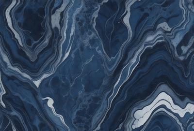 The primary subject of the image is a blue and white marbled stone wall. The setting is a room with a blue and white marbled stone wall as the main focus. The visual style is a close-up of the marbled stone wall, showcasing its intricate patterns and textures. The colors and mood of the image are predominantly blue and white, creating a calm and serene atmosphere.