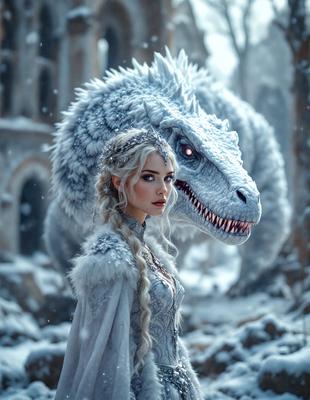 The primary subject of the image is a woman dressed in a white gown, standing next to a large white dragon. The setting appears to be a snowy environment, with the woman and the dragon being the main focus of the scene. The visual style of the image is a digital art or illustration, with the woman and the dragon being the main objects in the picture. The colors and mood of the image are predominantly white, giving it a clean and serene atmosphere.