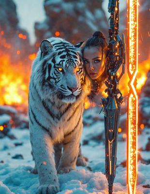 The primary subject of the image is a woman standing next to a white tiger. The setting appears to be a snowy environment, with the woman and the tiger standing on a snow-covered ground. The visual style of the image is a combination of photo and digital art, creating a unique and captivating scene. The dominant colors in the image are white and orange, giving the scene a cold and warm atmosphere.