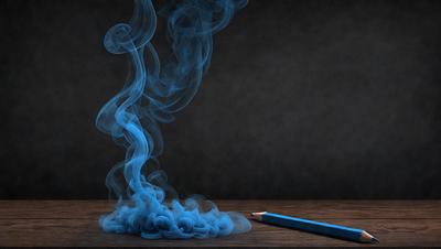 The primary subject of the image is a pencil with a blue eraser, placed on a wooden table. The setting is a dark room, and the visual style appears to be a photo. The dominant colors in the image are blue and black, creating a moody atmosphere.