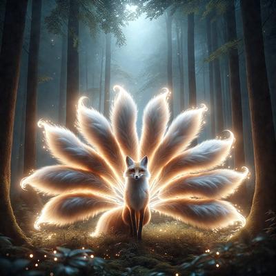 The primary subject of the image is a fox, which is the main object, scene, or focus of the image. The setting/background features a forest with trees, creating a natural and serene environment. The visual style of the image is digital art, as it is a computer-generated illustration. The colors and mood of the image are predominantly white and orange, giving it a warm and luminous atmosphere.