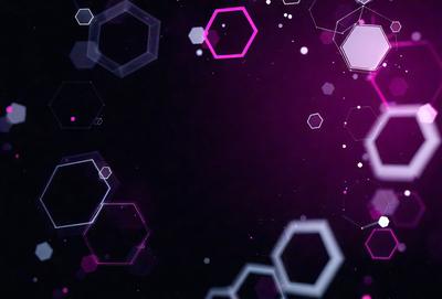 The primary subject of the image is a purple background with a pattern of hexagons. The setting is a dark space, and the visual style appears to be a digital art or illustration. The dominant colors are purple and pink, creating a mood of calmness and tranquility.