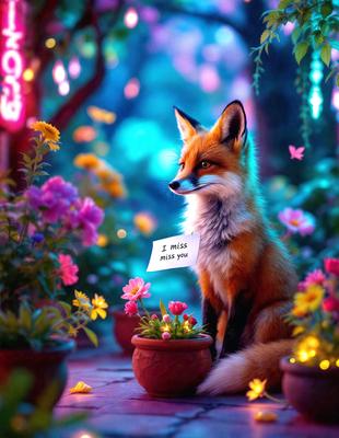 The primary subject of the image is a fox sitting in a flower pot. The setting is a garden with a variety of flowers, creating a vibrant and colorful backdrop. The visual style is a digital art or illustration, giving the scene a whimsical and artistic appearance. The dominant colors are pink, purple, and yellow, creating a cheerful and lively atmosphere.