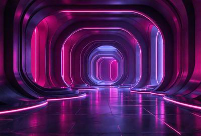 The primary subject of the image is a long, narrow hallway with a pink glow. The setting is a futuristic environment, possibly a space station or a futuristic building. The visual style is a digital art or illustration, creating a surreal and intriguing atmosphere. The dominant colors are pink and purple, giving the scene a unique and captivating appearance.